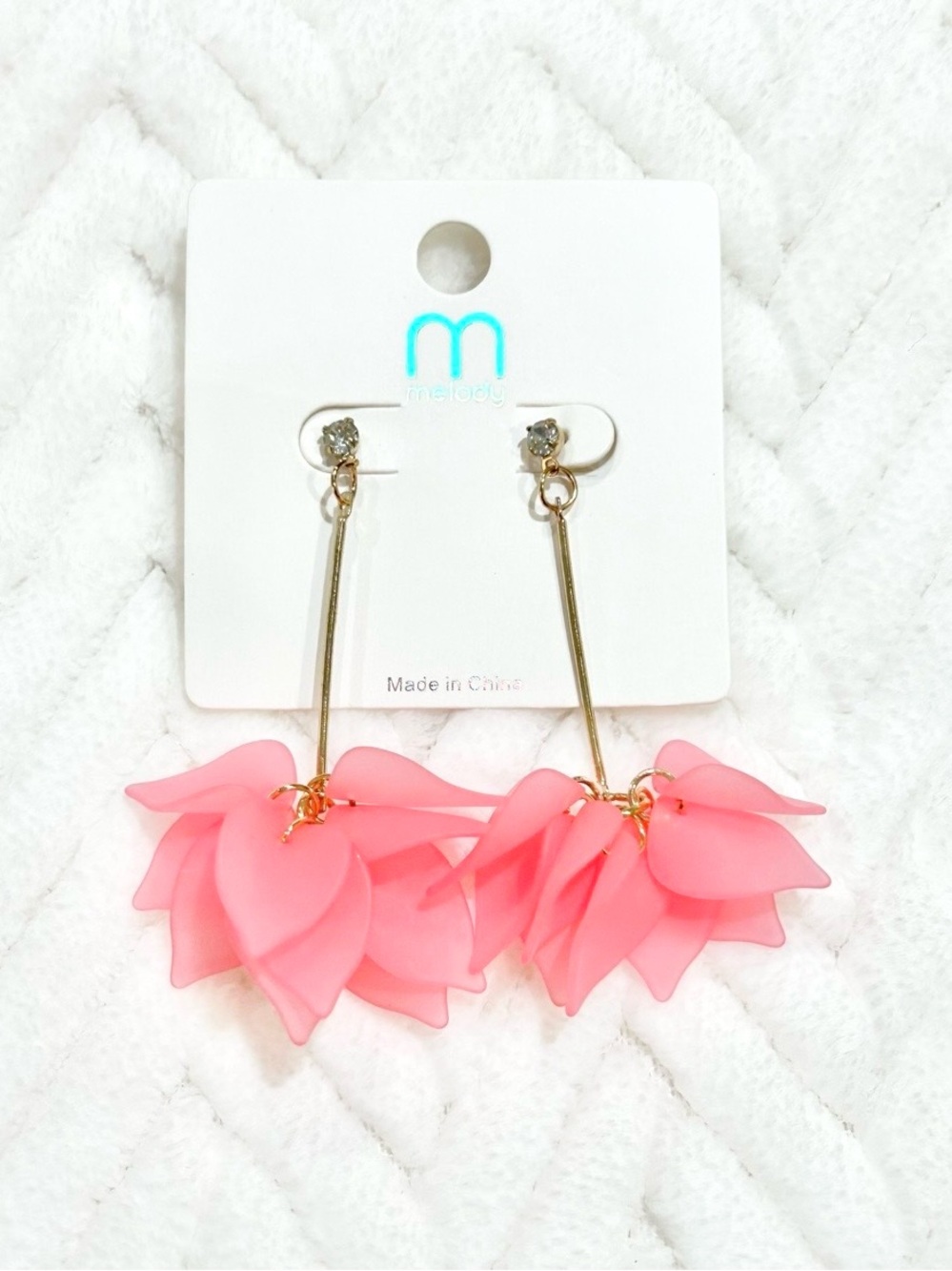Boutique drop earrings with dangle flower accents coral pink gold tone NEW OBO